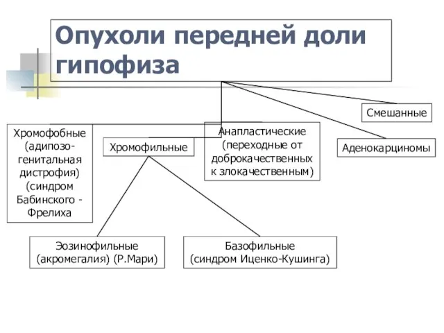 Опухоли передней доли гипофиза Хромофобные (адипозо-генитальная дистрофия) (синдром Бабинского - Фрелиха Хромофильные