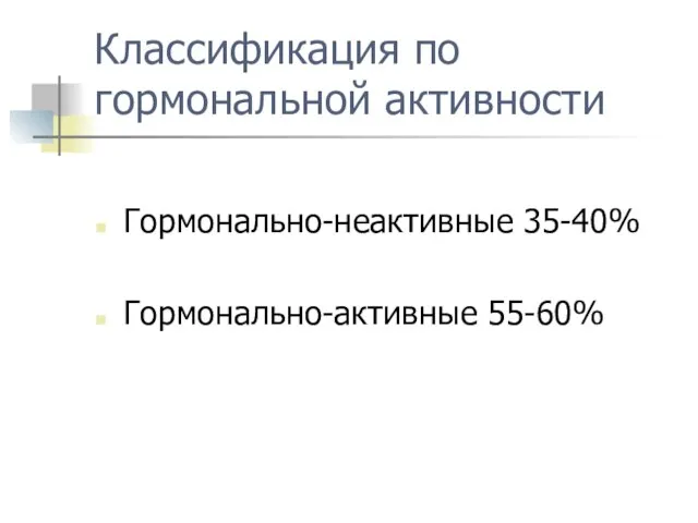 Классификация по гормональной активности Гормонально-неактивные 35-40% Гормонально-активные 55-60%