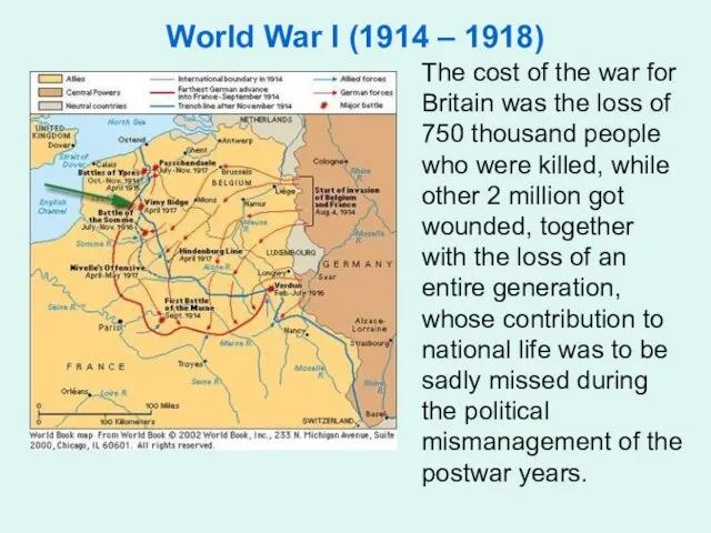 World War I (1914 – 1918) The cost of the war for