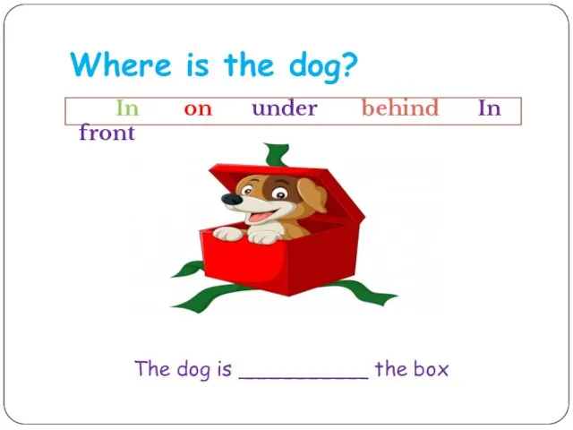 Where is the dog? In on under behind In front The dog is __________ the box