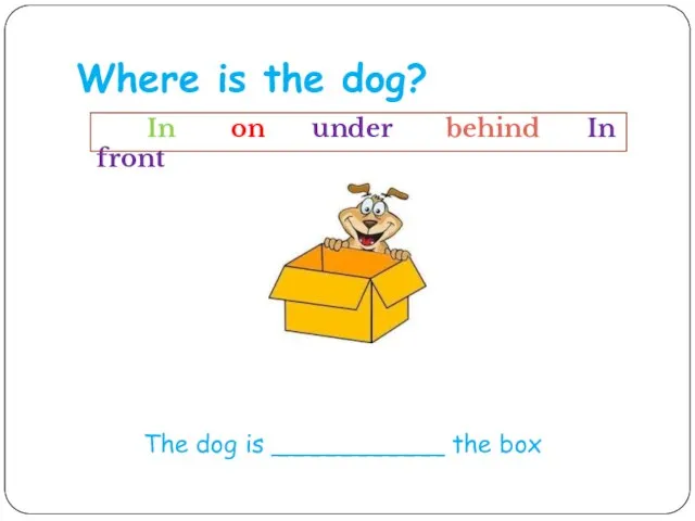 Where is the dog? In on under behind In front The dog is ___________ the box