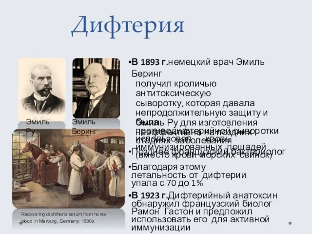 Дифтерия В 1893 г.немецкий врач Эмиль Беринг получил кроличью антитоксическую сыворотку, которая