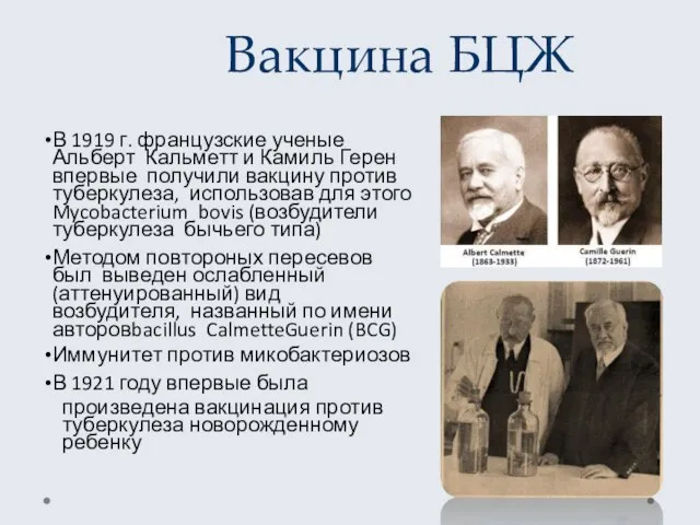 Вакцина БЦЖ В 1919 г. французские ученые Альберт Кальметт и Камиль Герен