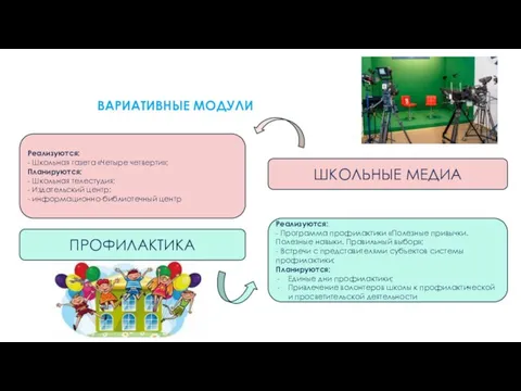 ВИДЫ, ФОРМЫ И СОДЕРЖАНИЕ ВАРИАТИВНЫЕ МОДУЛИ Реализуются: - Программа профилактики «Полезные привычки.