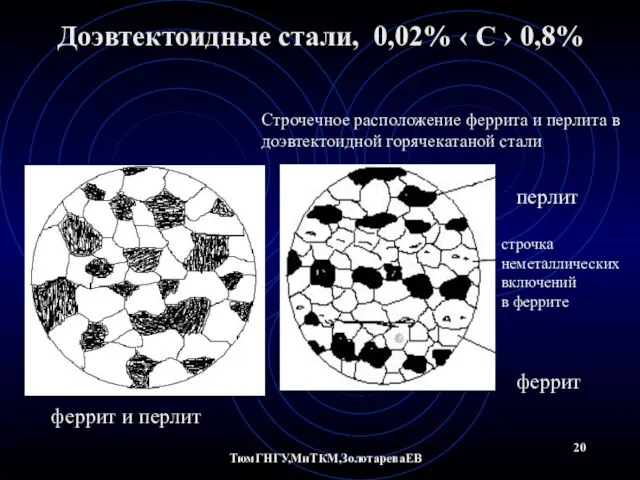 ТюмГНГУ,МиТКМ,ЗолотареваЕВ Доэвтектоидные стали, 0,02% ‹ С › 0,8% феррит и перлит Строчечное