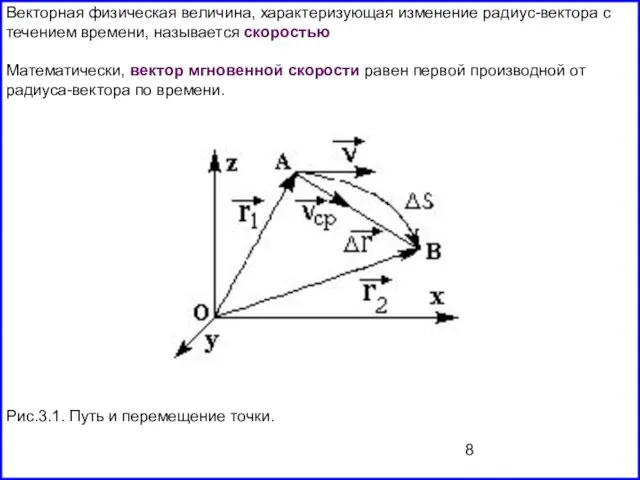 Векторная физическая величина, характеризующая изменение радиус-вектора с течением времени, называется скоростью Математически,