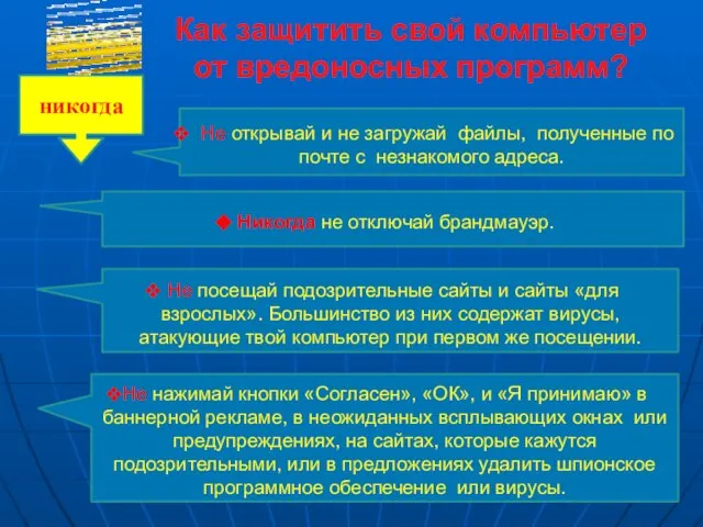 Как защитить свой компьютер от вредоносных программ? никогда Не открывай и не