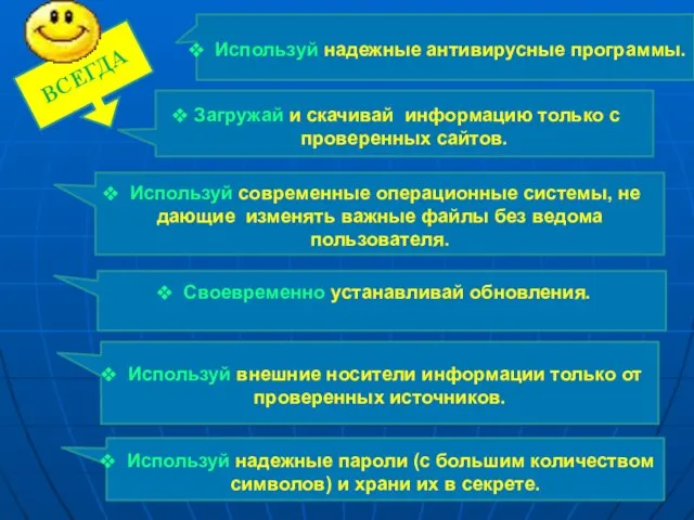 ВСЕГДА Используй надежные антивирусные программы. Загружай и скачивай информацию только с проверенных