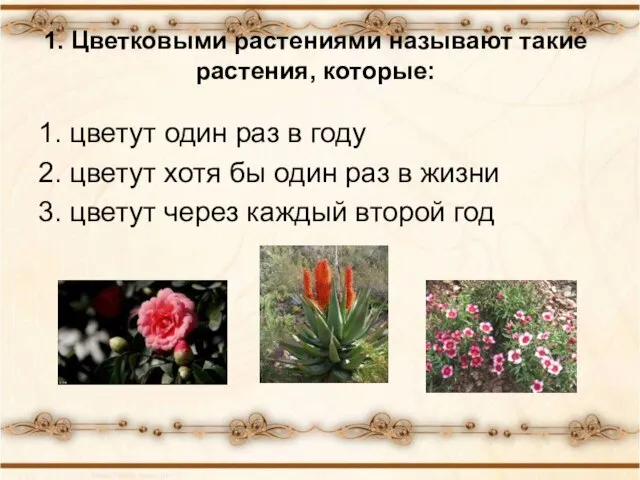 1. Цветковыми растениями называют такие растения, которые: 1. цветут один раз в
