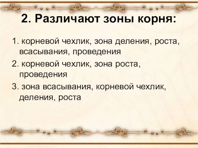 2. Различают зоны корня: 1. корневой чехлик, зона деления, роста, всасывания, проведения