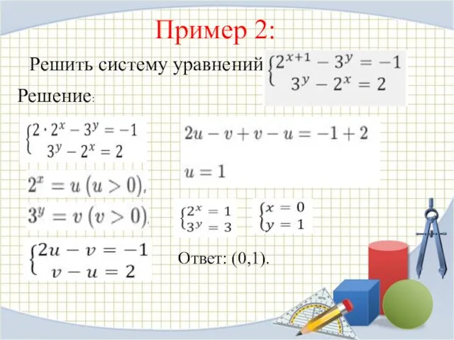 Пример 2: Решить систему уравнений: Ответ: (0,1). Решение: