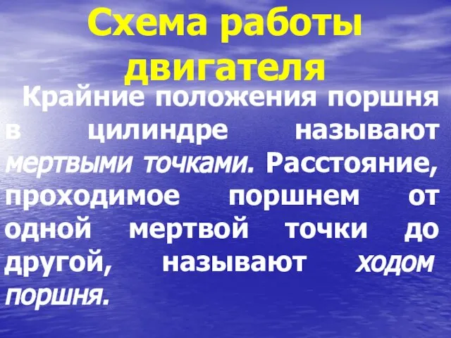 Схема работы двигателя Крайние положения поршня в цилиндре называют мертвыми точками. Расстояние,