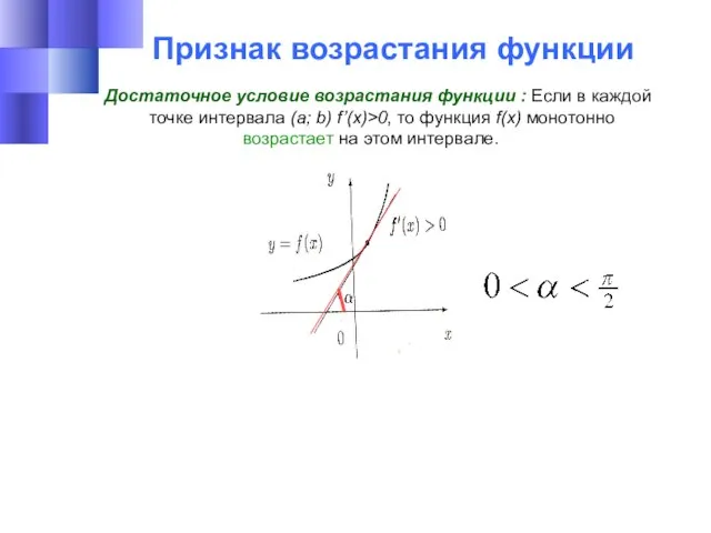 Признак возрастания функции Достаточное условие возрастания функции : Если в каждой точке