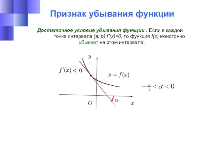 Признак убывания функции Достаточное условие убывания функции : Если в каждой точке