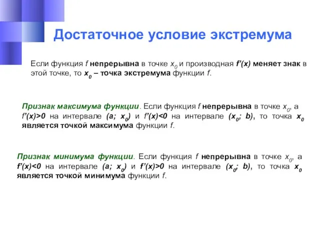 Достаточное условие экстремума Если функция f непрерывна в точке х0 и производная