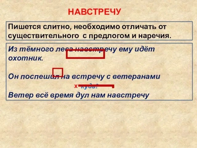 НАВСТРЕЧУ Пишется слитно, необходимо отличать от существительного с предлогом и наречия. Из