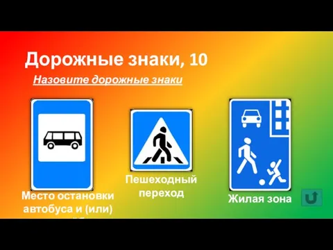 Дорожные знаки, 10 Назовите дорожные знаки Жилая зона Пешеходный переход Место остановки автобуса и (или) троллейбуса