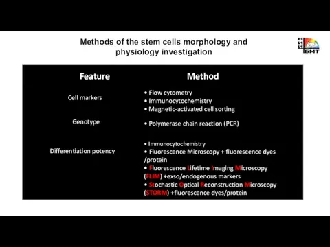 Methods of the stem cells morphology and physiology investigation Feature Method Cell