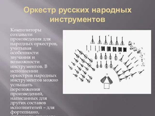 Оркестр русских народных инструментов Композиторы создавали произведения для народных оркестров, учитывая особенности