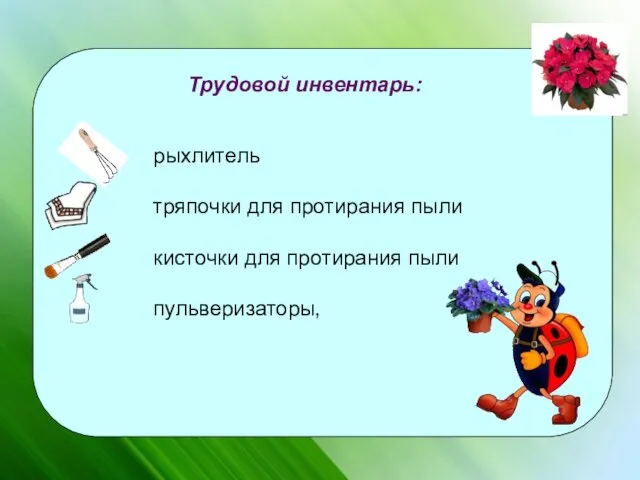 Трудовой инвентарь: рыхлитель тряпочки для протирания пыли кисточки для протирания пыли пульверизаторы,