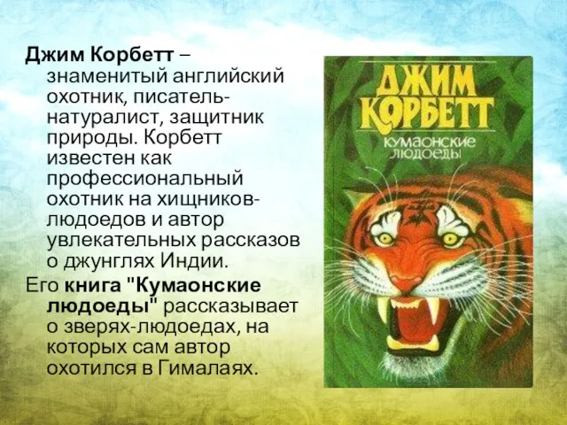 Джим Корбетт – знаменитый английский охотник, писатель-натуралист, защитник природы. Корбетт известен как