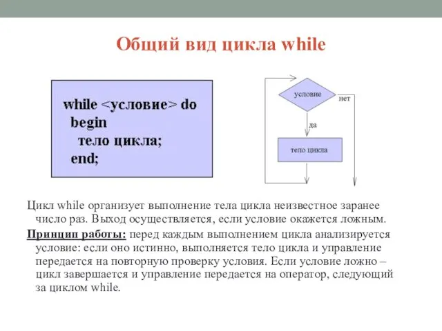 Общий вид цикла while Цикл while организует выполнение тела цикла неизвестное заранее