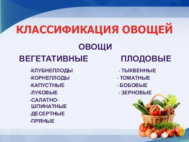 КЛАССИФИКАЦИЯ ОВОЩЕЙ ОВОЩИ ВЕГЕТАТИВНЫЕ ПЛОДОВЫЕ - ТЫКВЕННЫЕ ТОМАТНЫЕ БОБОВЫЕ - ЗЕРНОВЫЕ КЛУБНЕПЛОДЫ