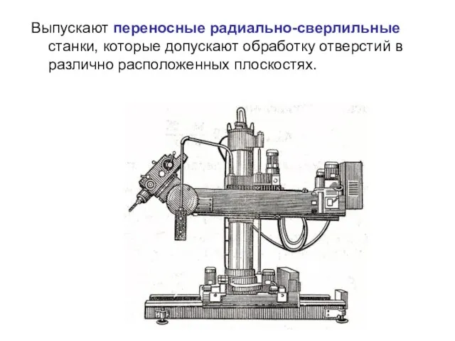 Выпускают переносные радиально-сверлильные станки, которые допускают обработку отверстий в различно расположенных плоскостях.