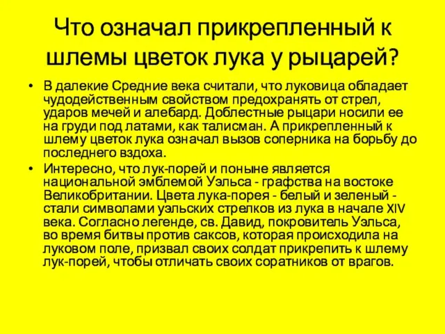 Что означал прикрепленный к шлемы цветок лука у рыцарей? В далекие Средние