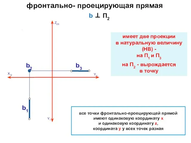фронтально- проецирующая прямая b ⊥ П2 имеет две проекции в натуральную величину
