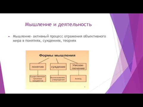 Мышление и деятельность Мышление- активный процесс отражения объективного мира в понятиях, суждениях, теориях