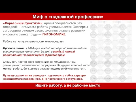 Миф о «надежной профессии» Работа на полную ставку постепенно исчезает. Прогноз таков: