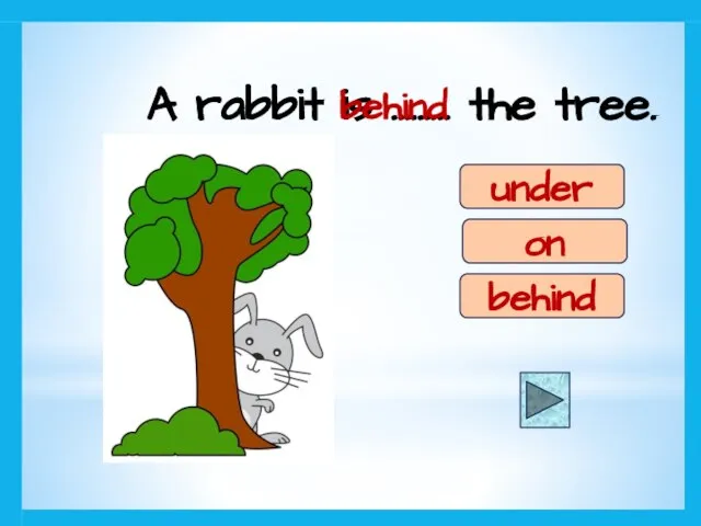 A rabbit is ……… the tree. under on behind behind