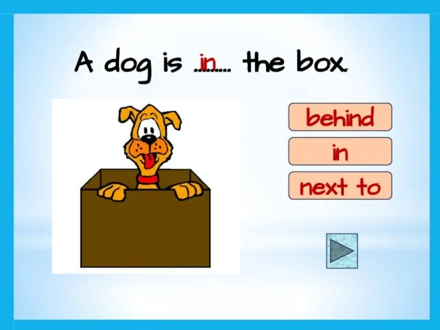 A dog is ……… the box. behind in next to in