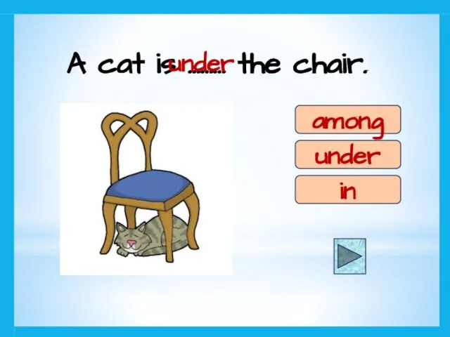 A cat is ……… the chair. among under in under