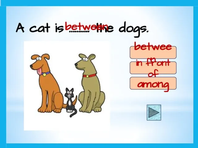 A cat is ……….. the dogs. between in front of among between