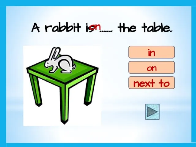 A rabbit is ……. the table. on in on next to