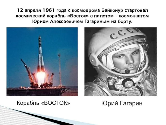 12 апреля 1961 года с космодрома Байконур стартовал космический корабль «Восток» с