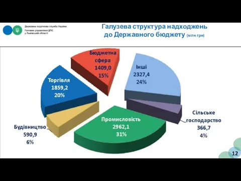 Галузева структура надходжень до Державного бюджету (млн грн) 12