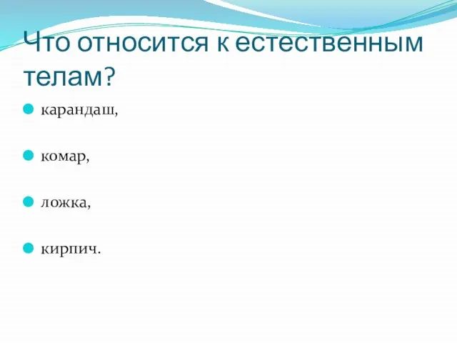 Что относится к естественным телам? карандаш, комар, ложка, кирпич.