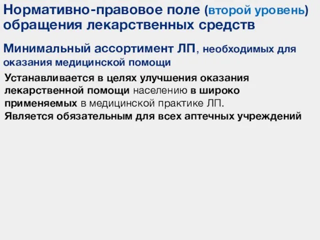 Минимальный ассортимент ЛП, необходимых для оказания медицинской помощи Нормативно-правовое поле (второй уровень)