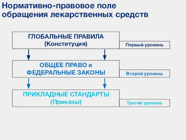 ГЛОБАЛЬНЫЕ ПРАВИЛА (Конституция) ОБЩЕЕ ПРАВО и ФЕДЕРАЛЬНЫЕ ЗАКОНЫ ПРИКЛАДНЫЕ СТАНДАРТЫ (Приказы) Нормативно-правовое