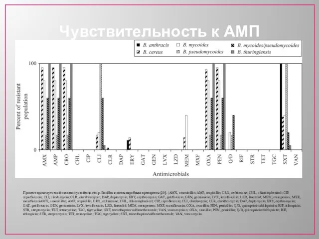 Чувствительность к АМП Процент промежуточной и полной устойчивости р. Bacillus к антимикробным