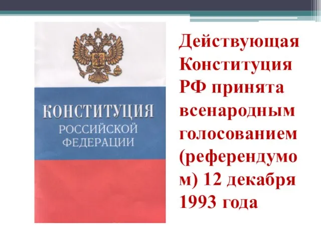 Действующая Конституция РФ принята всенародным голосованием (референдумом) 12 декабря 1993 года