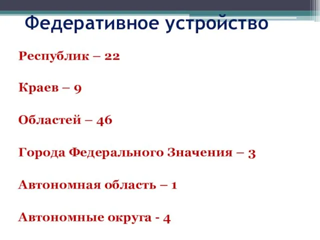 Федеративное устройство Республик – 22 Краев – 9 Областей – 46 Города