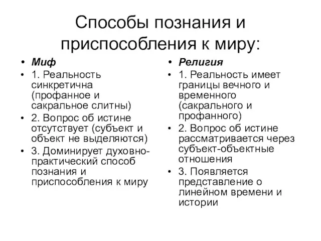 Способы познания и приспособления к миру: Миф 1. Реальность синкретична (профанное и