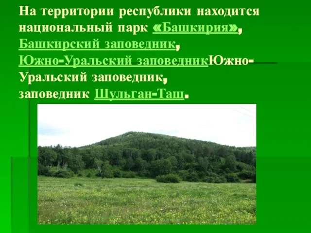 На территории республики находится национальный парк «Башкирия», Башкирский заповедник, Южно-Уральский заповедникЮжно-Уральский заповедник, заповедник Шульган-Таш.