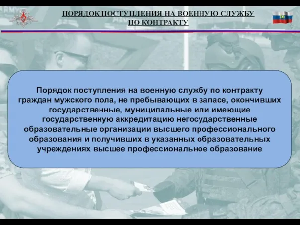 ПОРЯДОК ПОСТУПЛЕНИЯ НА ВОЕННУЮ СЛУЖБУ ПО КОНТРАКТУ 16 Порядок поступления на военную