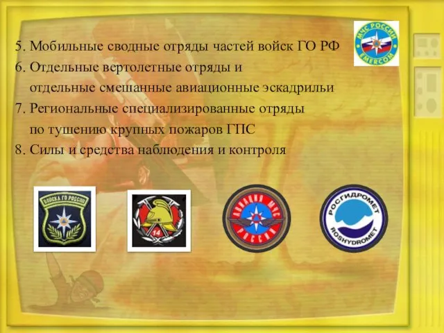 5. Мобильные сводные отряды частей войск ГО РФ 6. Отдельные вертолетные отряды