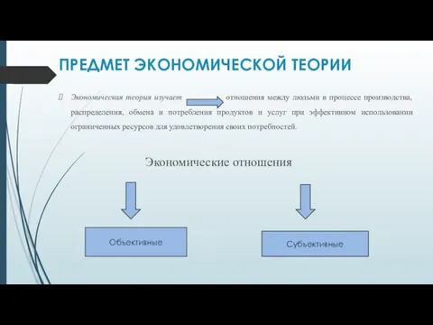 ПРЕДМЕТ ЭКОНОМИЧЕСКОЙ ТЕОРИИ Экономическая теория изучает отношения между людьми в процессе производства,